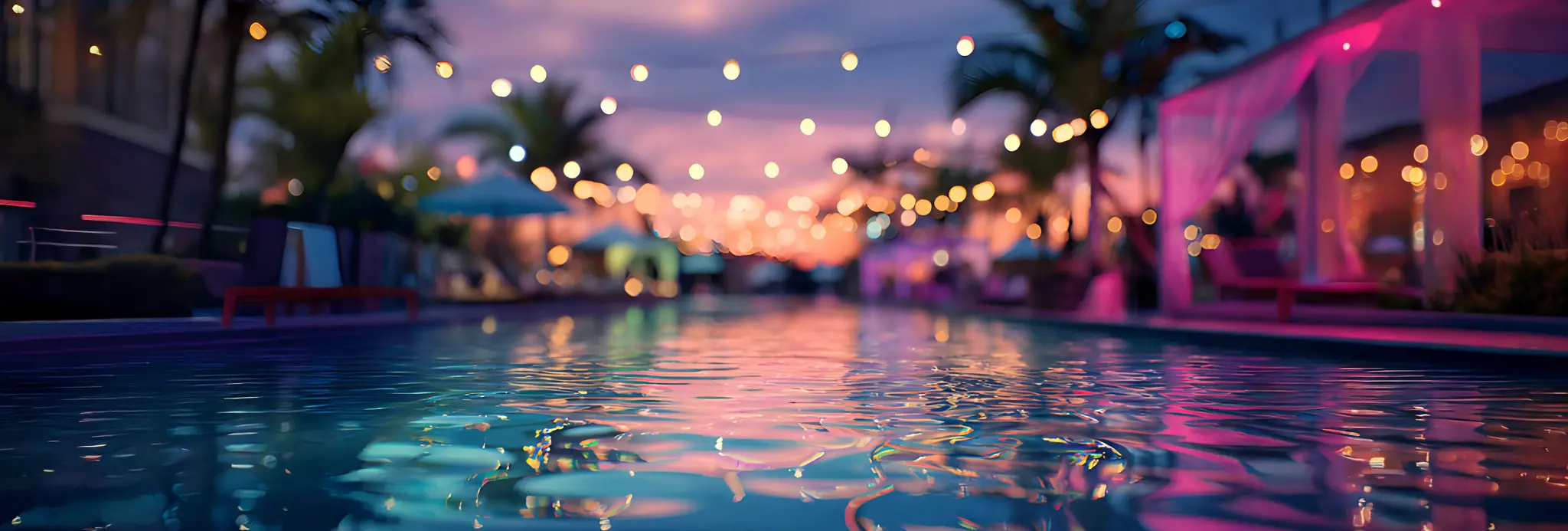 Ambiente de lazer com piscina e iluminação ao entardecer