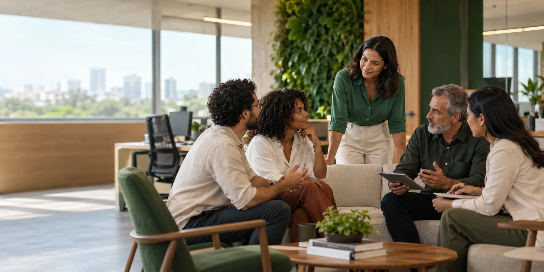 Equipe brasileira diversa reunida em um ambiente corporativo