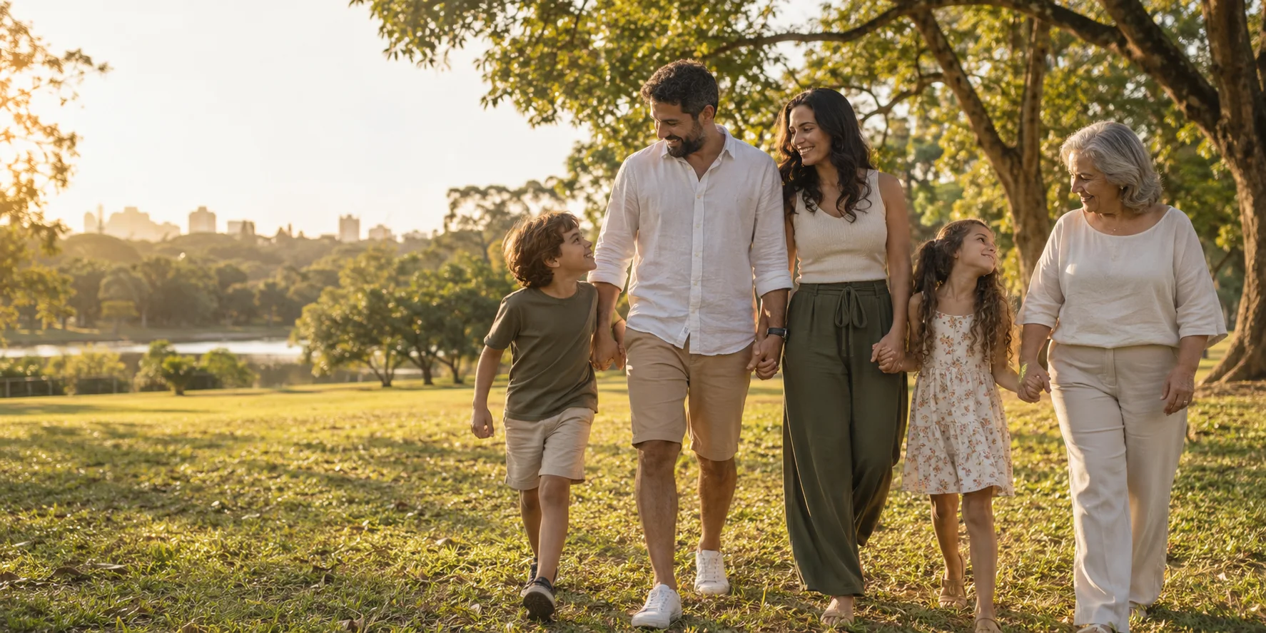 Família brasileira caminhando junta em um parque
