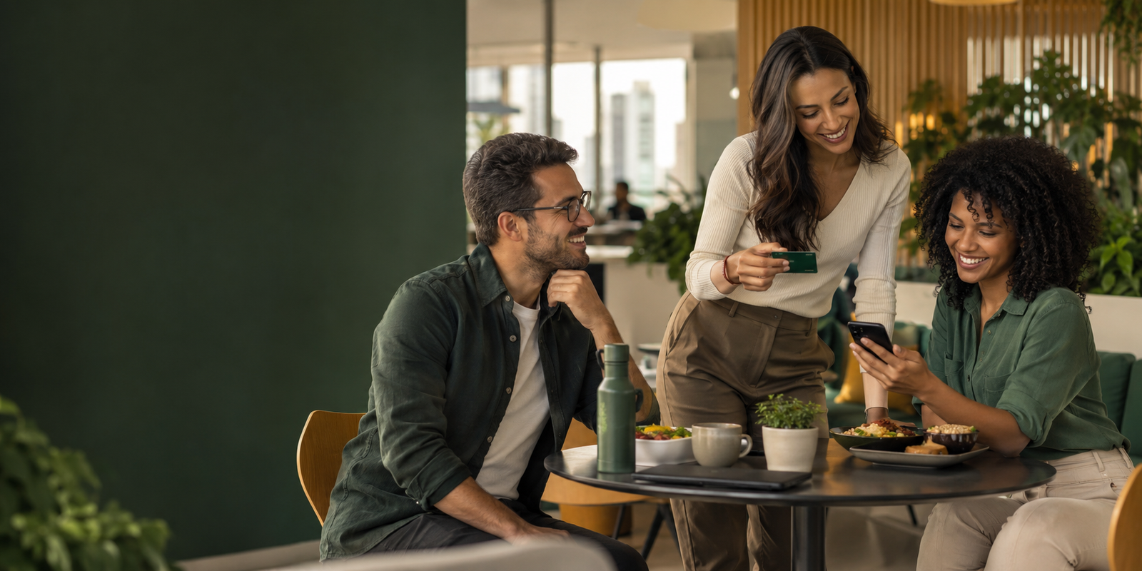 Equipe utilizando cartão de benefício e celular durante uma refeição